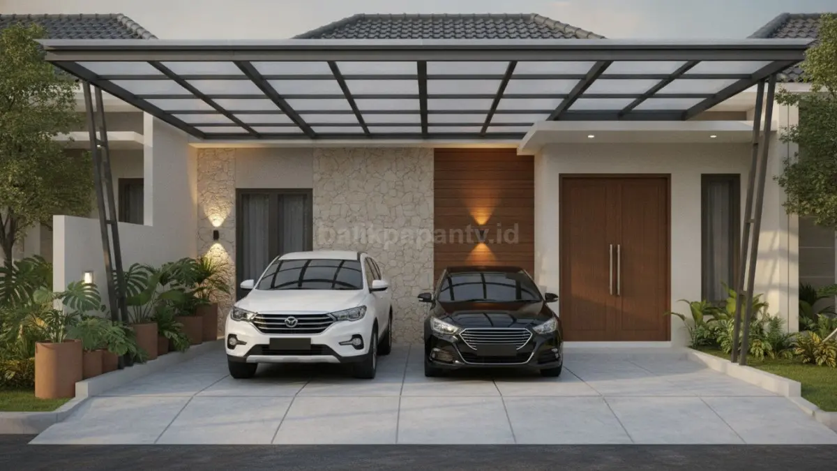 Garasi terbuka modern dengan kanopi ringan melindungi kendaraan, sirkulasi udara tetap lancar (BTV/Ai)
