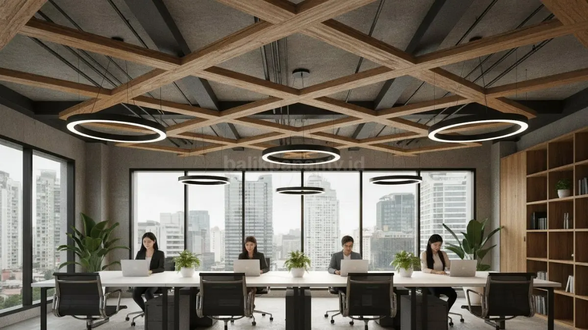 Grid Slat Pattern Industrial menghadirkan pola silang tegas modern, cocok ruang kantor kreatif beridentitas visual kuat estetis.  (BTV/AI)