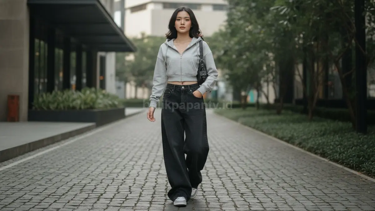 Hoodie polos dan wide leg jeans menciptakan gaya kasual yang nyaman dengan sentuhan modern. (BTV/Ai)