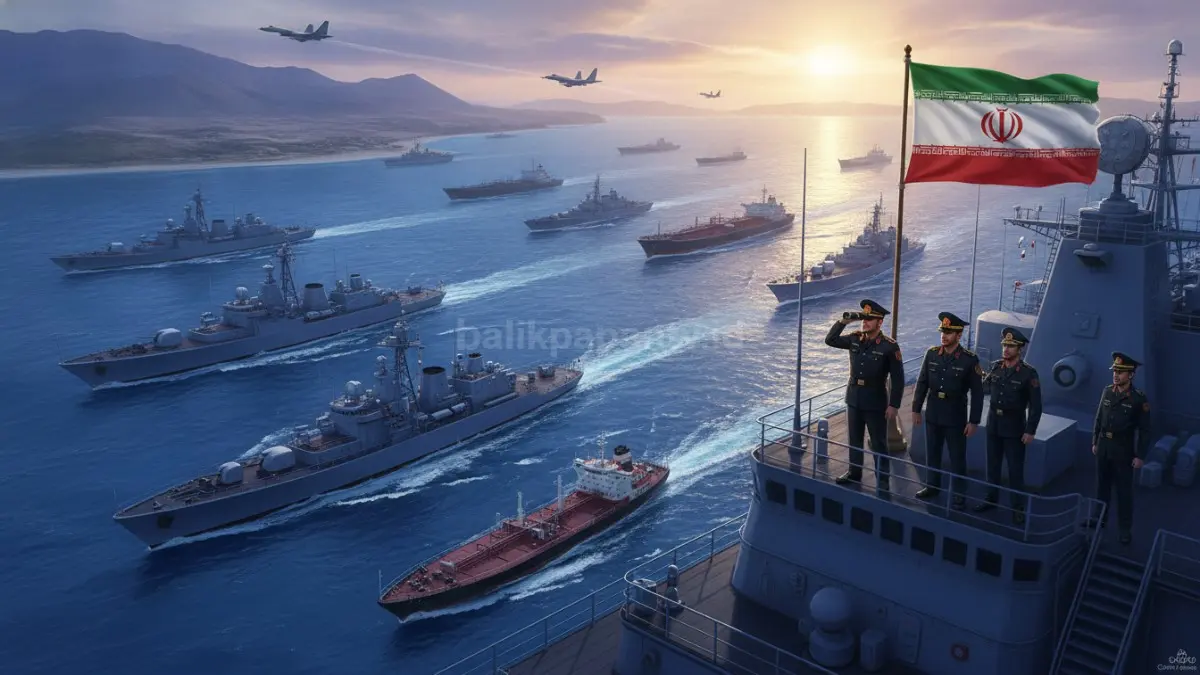ilustrasi Menteri Luar Negeri Iran Abbas Araghchi saat memberikan keterangan resmi terkait penguasaan penuh operasional Selat Hormuz pasca-perang. (BTV/AI)