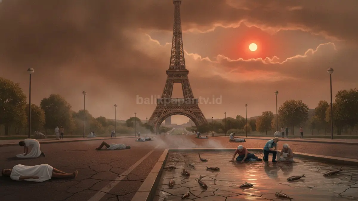 ilustrasi Petugas medis memberikan penanganan darurat kepada warga di tengah suhu panas ekstrem benua Eropa. (BTV/AI)