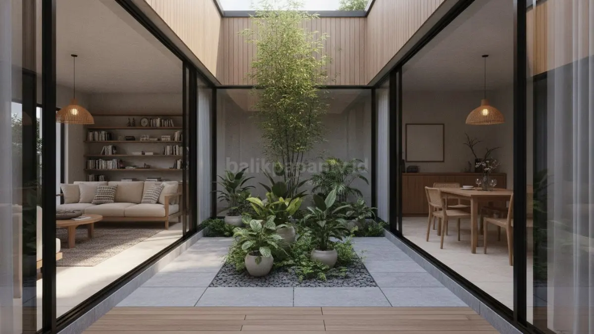 Inner courtyard menghadirkan pencahayaan alami dan sirkulasi udara yang membuat rumah terasa lebih terang serta lapang. (BTV/Ai)