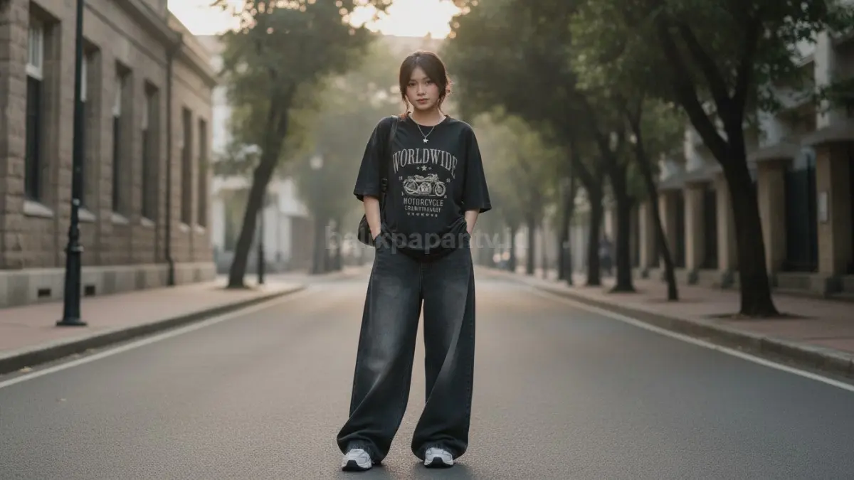 Kaus oversized dan celana cargo menciptakan gaya street style yang santai, nyaman, dan tetap trendi. (BTV/Ai)