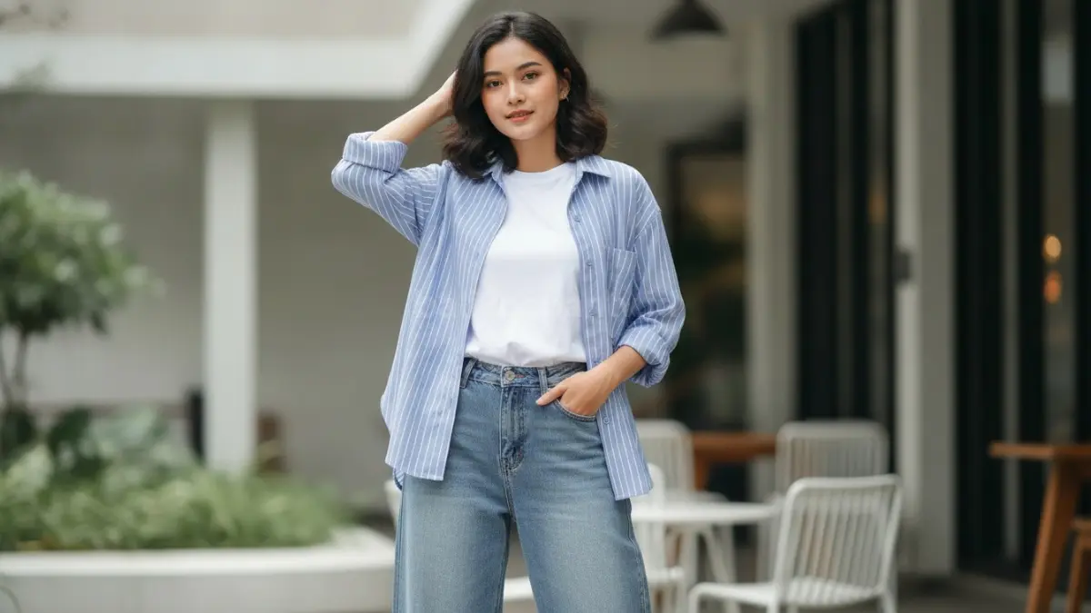 Kemeja kerja sebagai outer di atas kaus putih menciptakan gaya kasual yang rapi dan mudah dipadukan. (BTV/Ai)