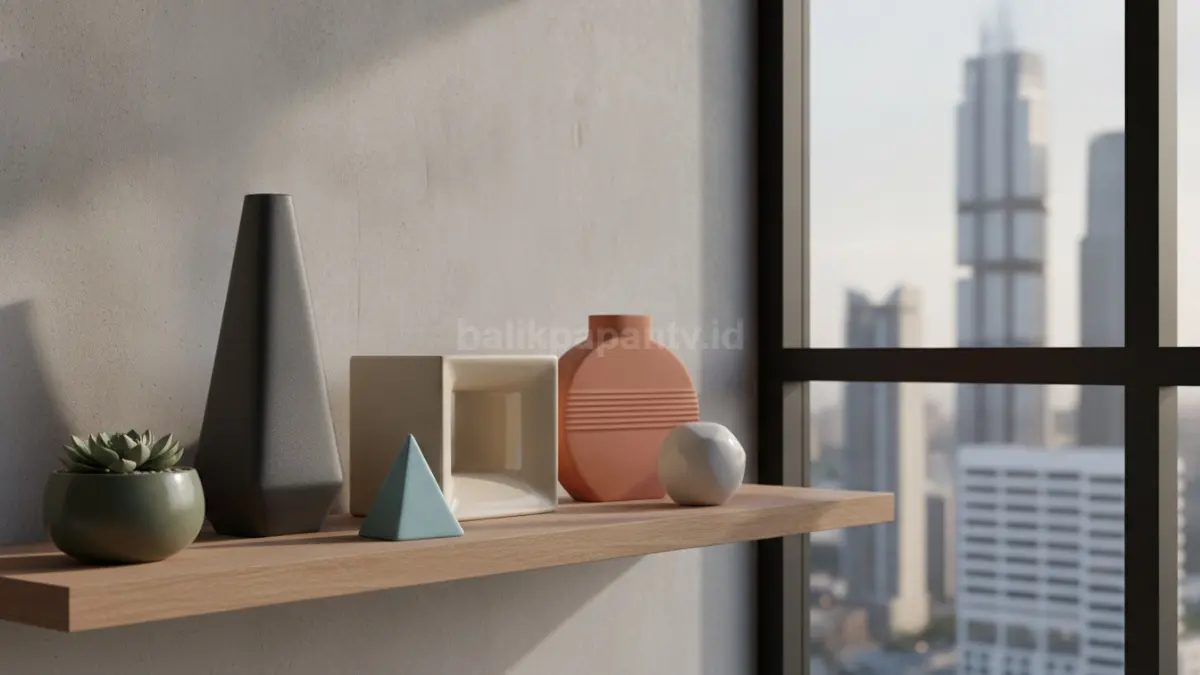 Keramik geometris modern menampilkan bentuk tegas rapi, cocok interior urban kontemporer ruang kerja minimalis elegan.  (BTV/AI)