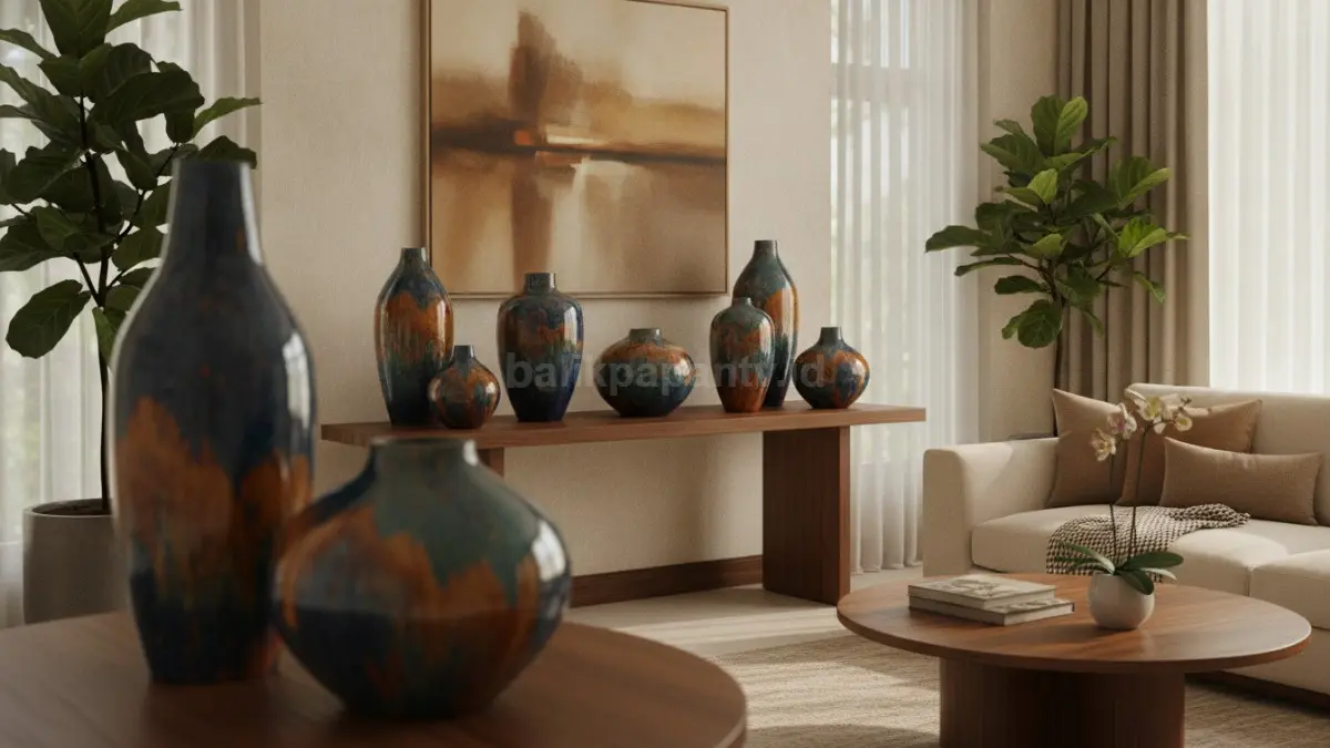 Keramik glazed artistik menampilkan kilau warna dinamis, memperkuat aksen visual ruang keluarga modern elegan hangat.  (BTV/AI)