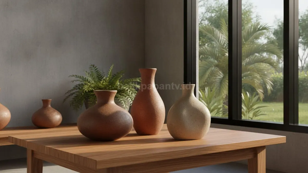 Keramik matte earth tone berwarna tanah doff menghadirkan suasana hangat tenang stabil pada hunian modern.  (BTV/AI)