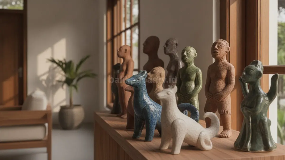 Keramik mini sculpture dekoratif berbentuk patung kecil artistik, cocok aksen meja rak dengan nilai seni tinggi.  (BTV/AI)