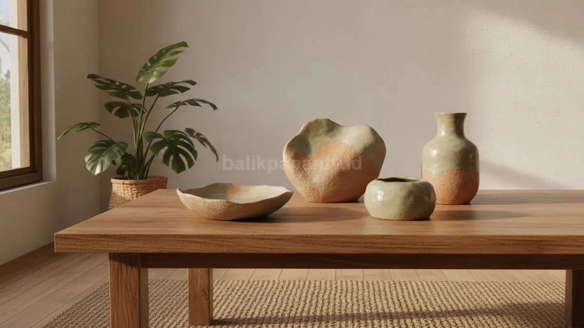 Keramik organik berbentuk bebas menampilkan kesan alami, unik, dan cocok ruang minimalis modern hangat.  (BTV/AI)