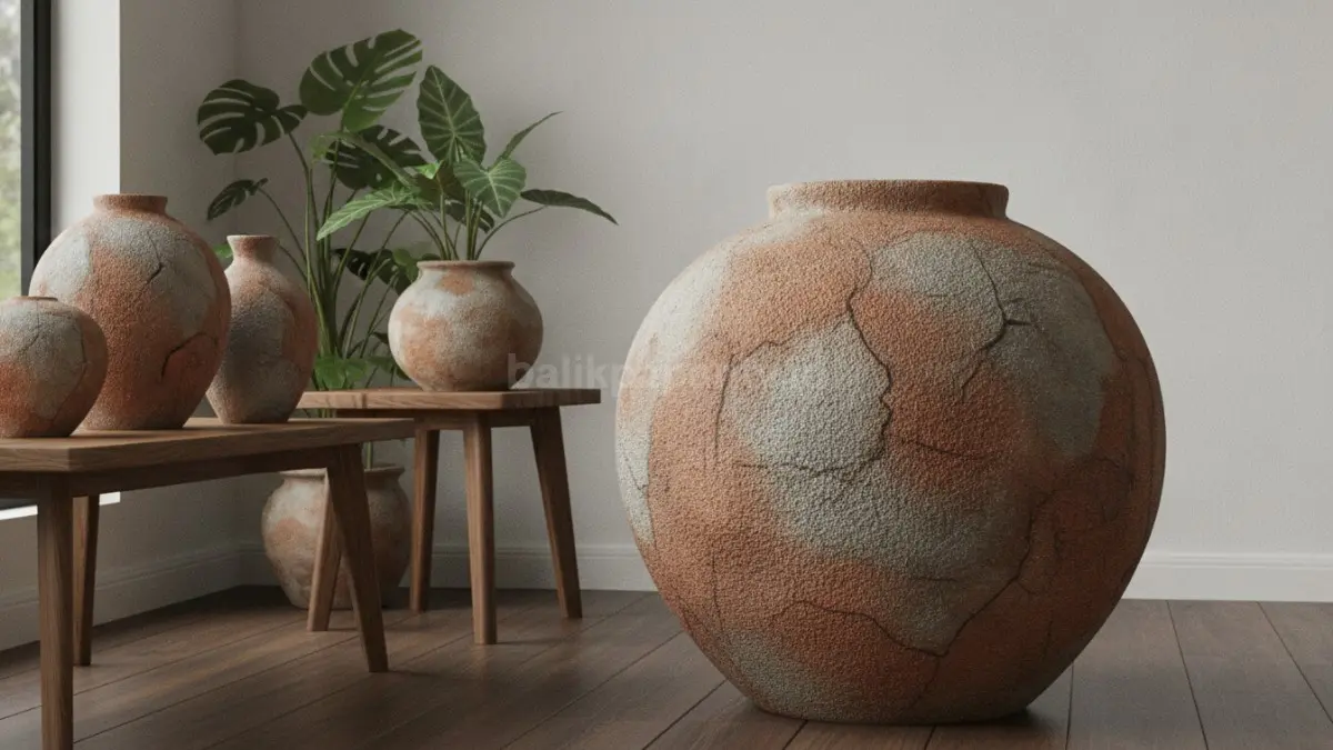 Keramik tekstur kasar handmade menghadirkan kesan natural kuat, cocok sebagai focal point sudut ruang modern.  (BTV/AI)