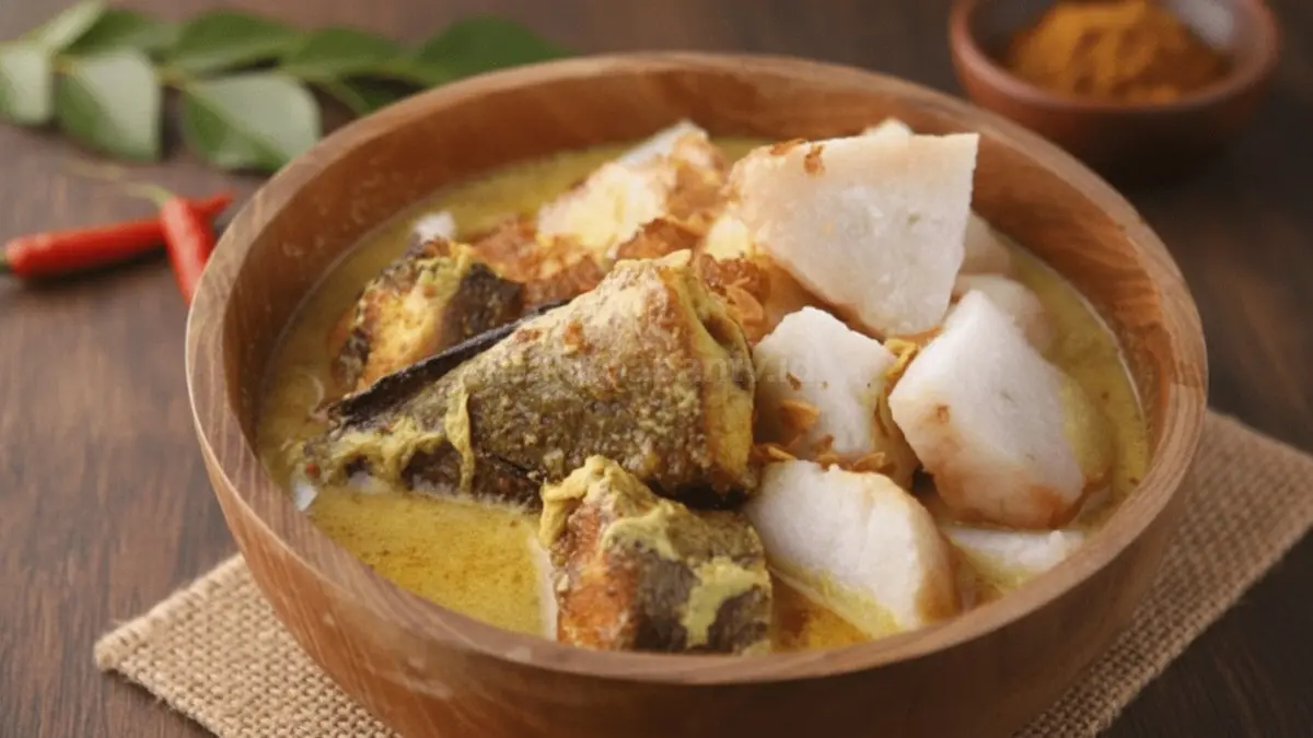 Ketupat Kandangan khas Kalimantan dengan kuah santan gurih, dipadukan ikan gabus asap bercita rasa autentik dan lezat.