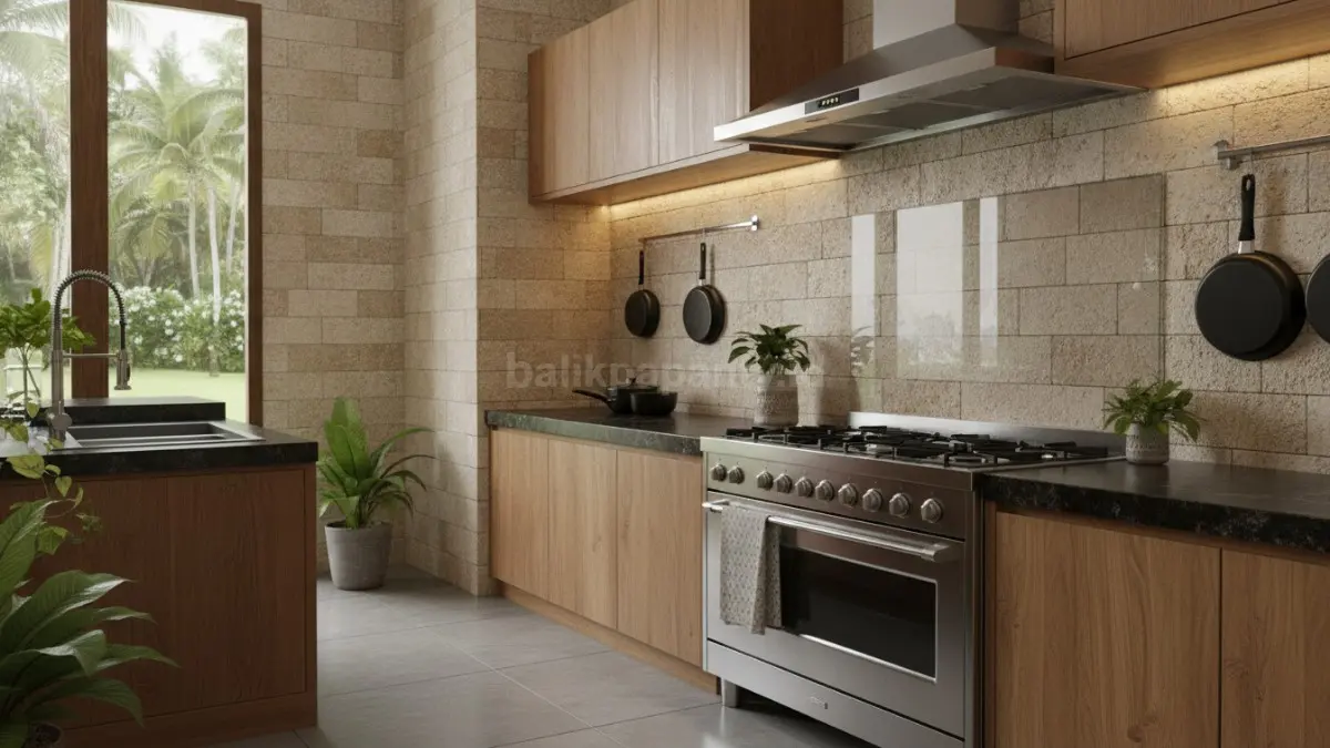 Kitchen backsplash batu krem melindungi dinding dapur, tahan panas, mudah dibersihkan, memberi sentuhan alami fungsional modern.  (BTV/AI)