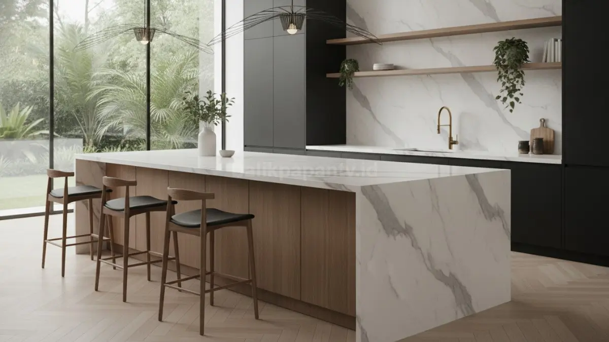 Kitchen island berlapis marmer menghadirkan tampilan dapur yang elegan dengan sentuhan alami yang mewah. (BTV/Ai)