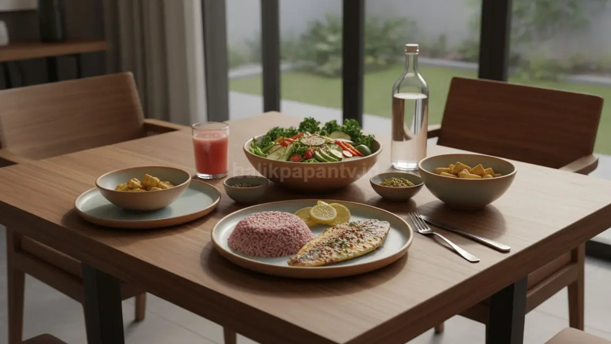 Komposisi menu sehat seperti sayur, protein, dan karbohidrat seimbang di meja makan
