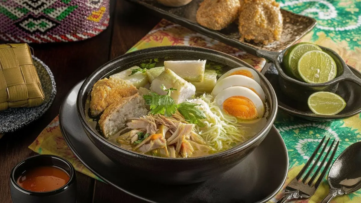 Kuah bening kaya rempah berpadu ayam, perkedel, telur rebus, dan bawang goreng menggugah selera setiap pagi.