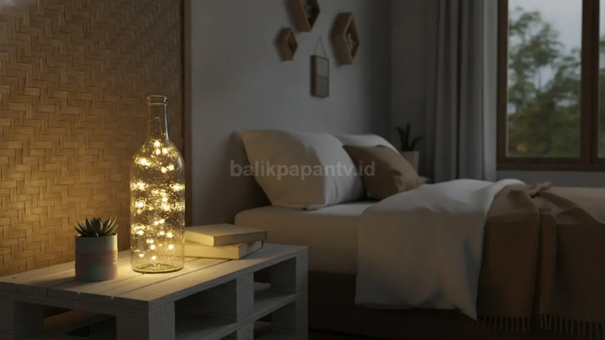 Lampu tidur dari botol kaca bekas menghadirkan cahaya LED hangat suasana kamar estetik tenang malam (BTV/Ai)
