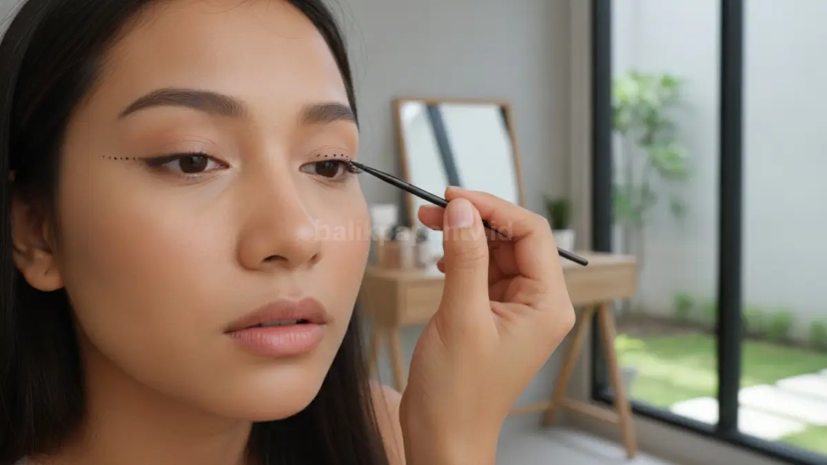 Langkah membuat garis eyeliner menggunakan titik-titik kecil agar lebih presisi.

