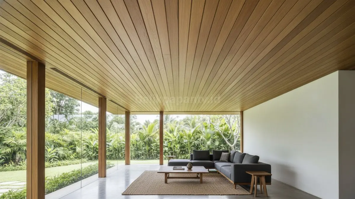 Linear Paralel Natural Oak menampilkan bilah kayu sejajar rapi, memperkuat kesan ruang panjang terstruktur modern alami.  (BTV/AI)