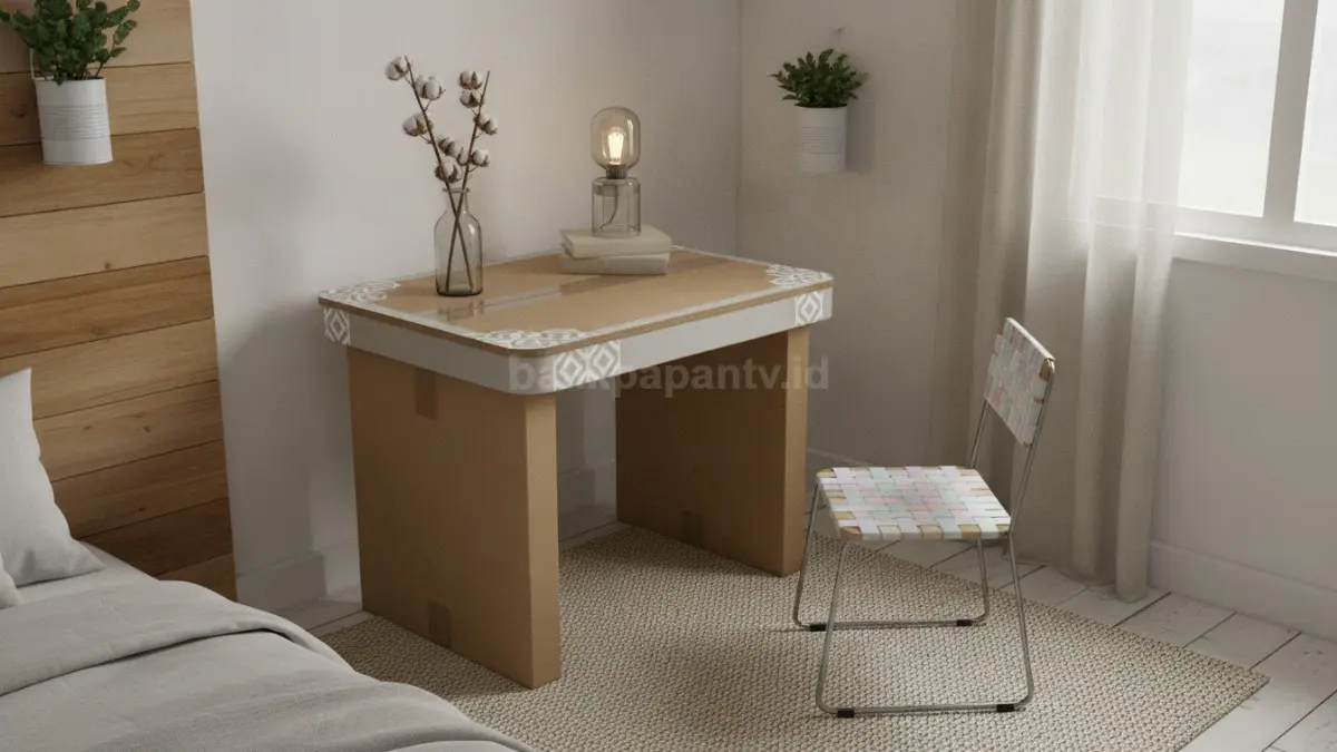 Meja kecil dari kardus tebal dilapisi dekoratif ringan cocok kamar ruang minimalis fleksibel modern (BTV/Ai)
