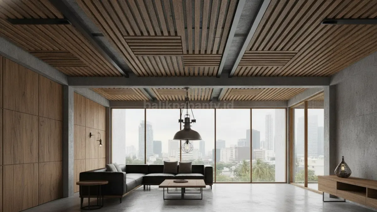 Mixed Material Slat menampilkan kombinasi kayu dan logam, menciptakan kontras modern ruang industrial berkarakter kuat  (BTV/AI)