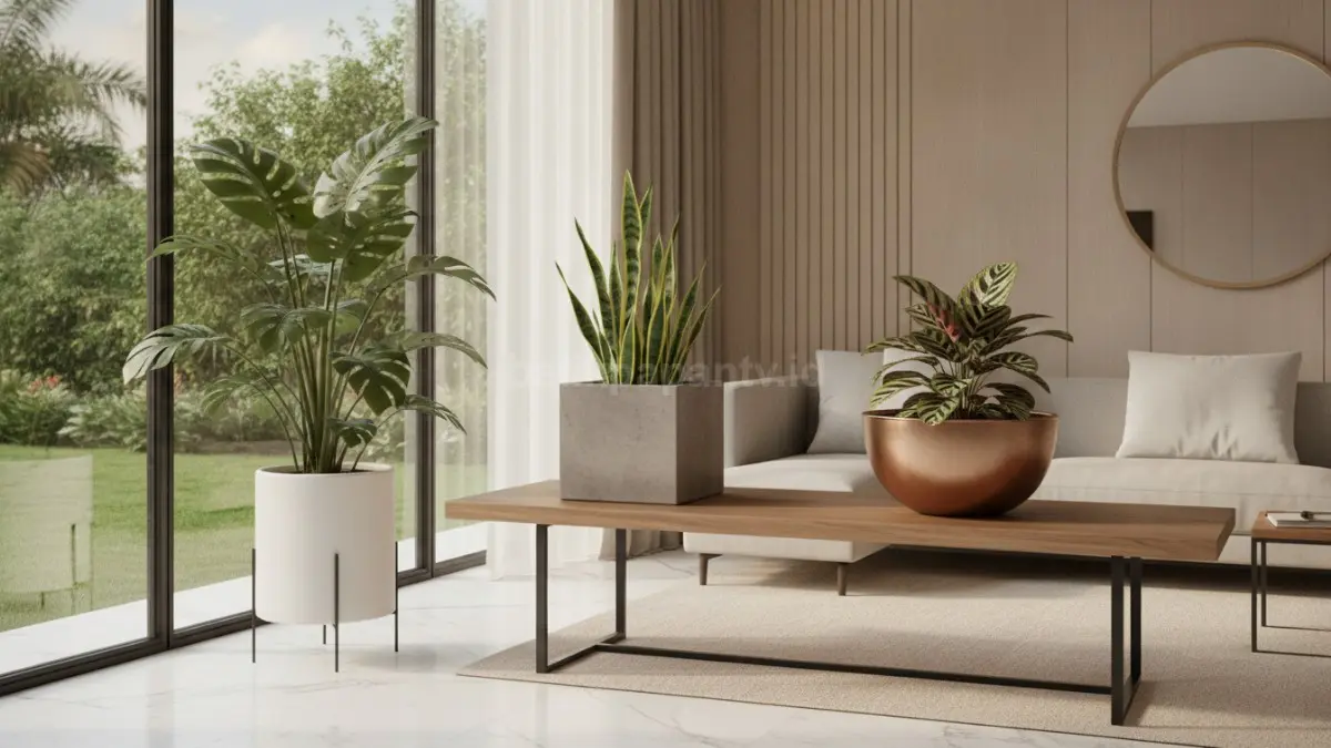 Model pot bunga estetik dengan desain minimalis modern yang mempercantik teras dan ruang tamu rumah. (BTV/Ai)