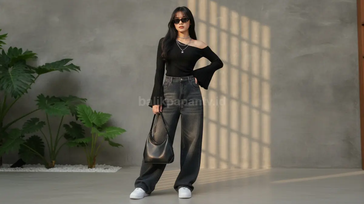 Outfit monokrom dengan aksesori sederhana menghadirkan tampilan kasual yang bersih, modern, dan mudah dipadukan. (BTV/Ai)