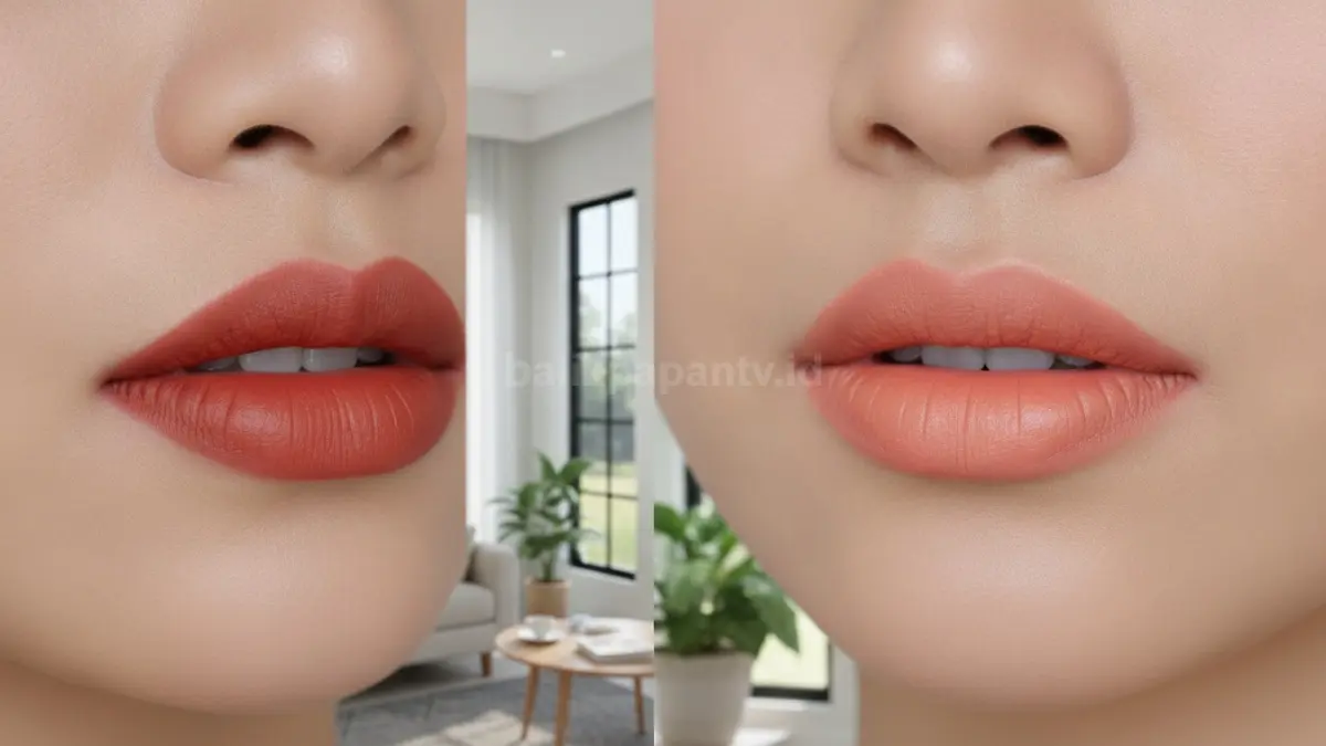 Perbandingan lip tint warna bata dan peach pada bibir dengan hasil riasan natural untuk aktivitas sehari-hari.
