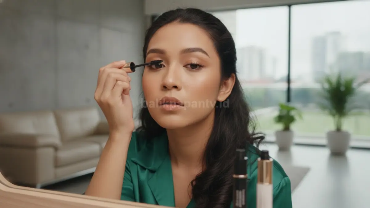 Perempuan mengaplikasikan maskara untuk membuat bulu mata tampak lentik dan bervolume secara alami.
