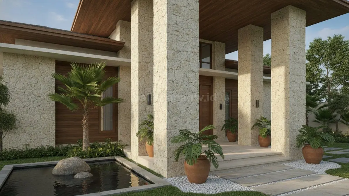 Pilar eksterior batu krem memperkuat kesan kokoh rumah tropis modern, tampil berkarakter tanpa dekorasi berlebihan.  (BTV/AI)