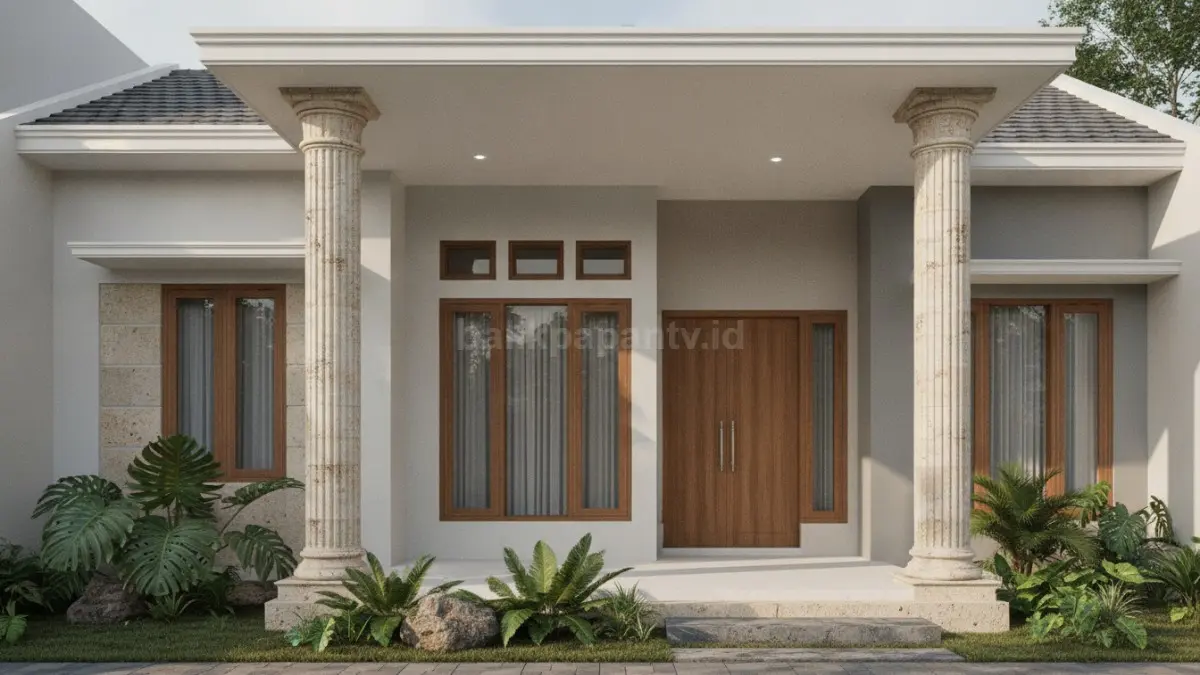 **Pilar klasik memperkuat kesan megah pada fasad rumah sekaligus menciptakan teras yang teduh dan nyaman. (BTV/Ai)**
