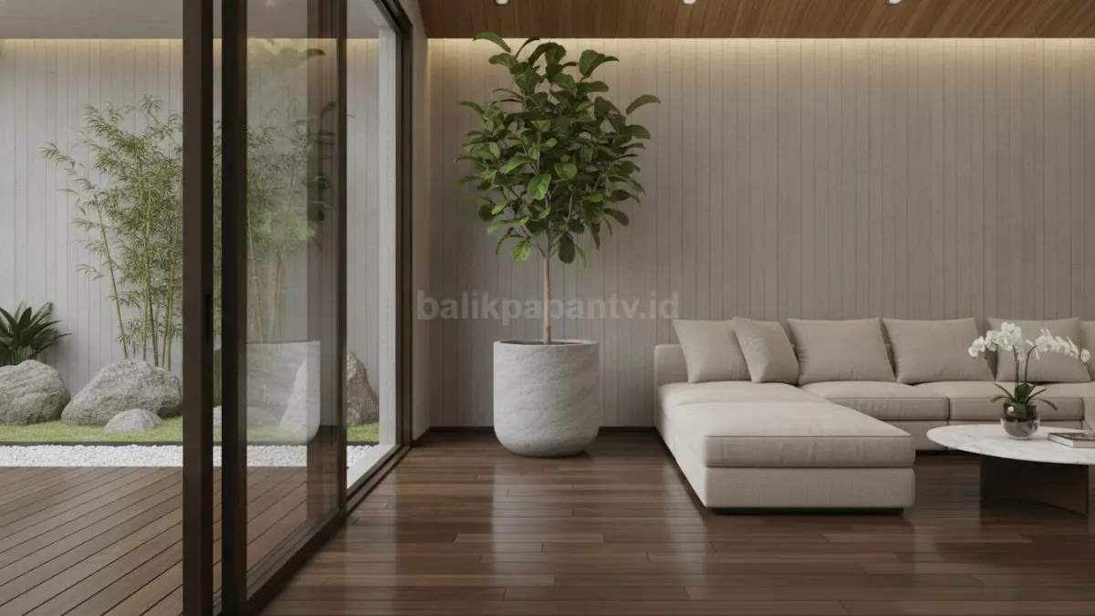 Pot beton bertekstur memberikan tampilan modern industrial yang kokoh, elegan, dan tahan untuk area luar rumah. (BTV/Ai)