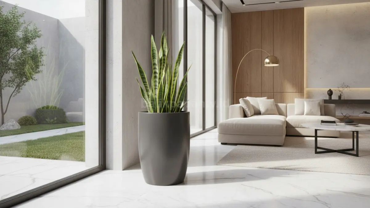 Pot fiberglass modern menawarkan tampilan elegan dengan bobot ringan sehingga mudah dipindahkan dan dirawat. (BTV/Ai)