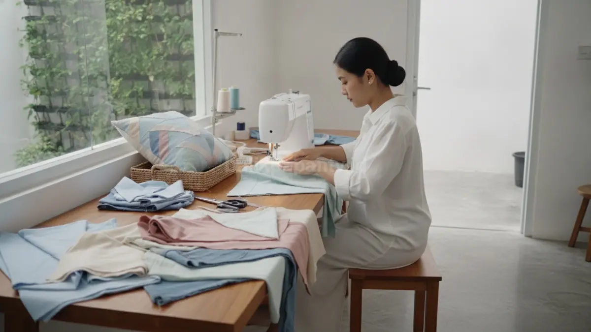 Proses menjahit kain bekas menjadi sarung bantal dekoratif.

