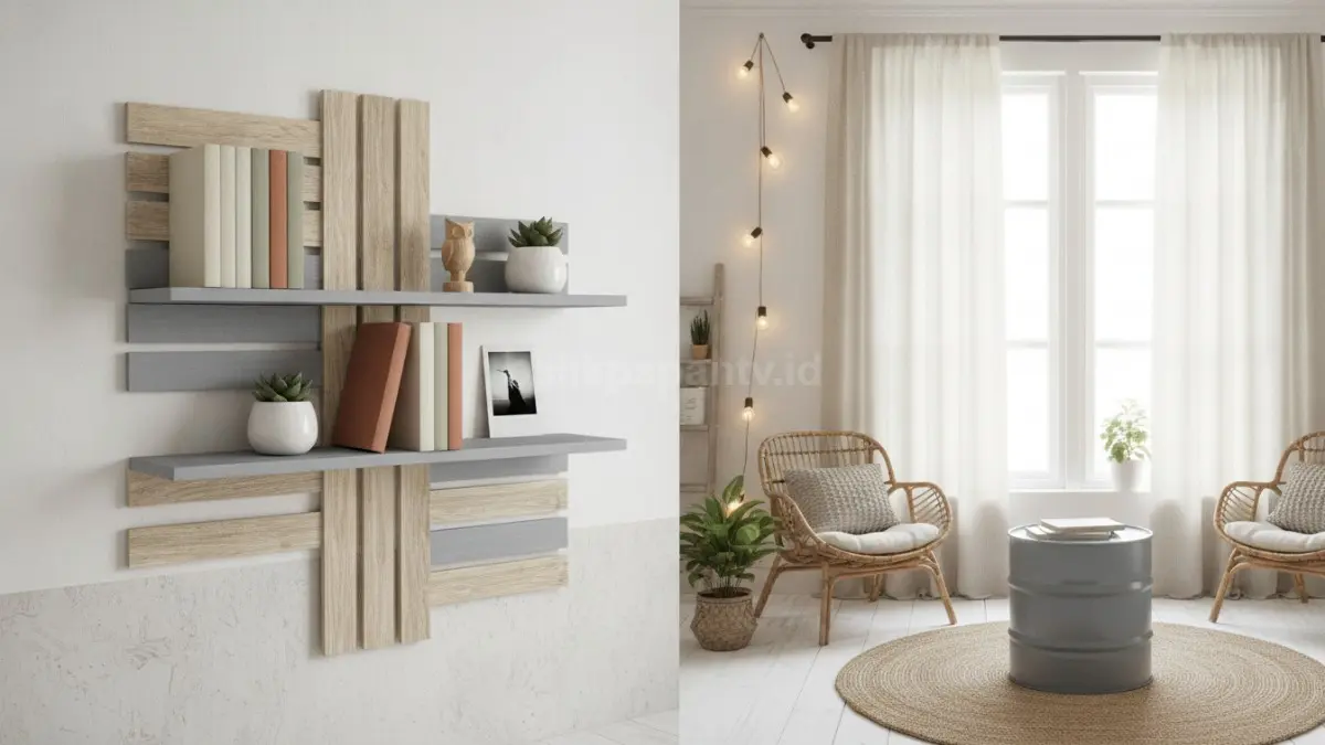 Rak dinding dari kayu palet bekas rustic rapi modern fungsional dekoratif hemat biaya estetis sederhana (BTV/Ai)
