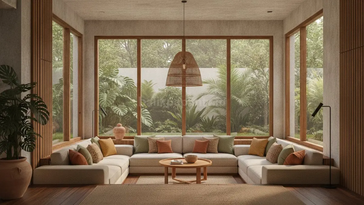 Ruang tamu sunken conversation pit dengan desain modern minimalis hangat  (BTV/AI)