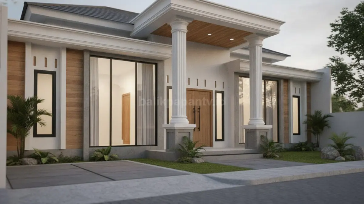 Rumah Eropa klasik dengan pilar tinggi, fasad simetris, taman depan hijau, dan nuansa hunian mewah yang elegan. (BTV/Ai)