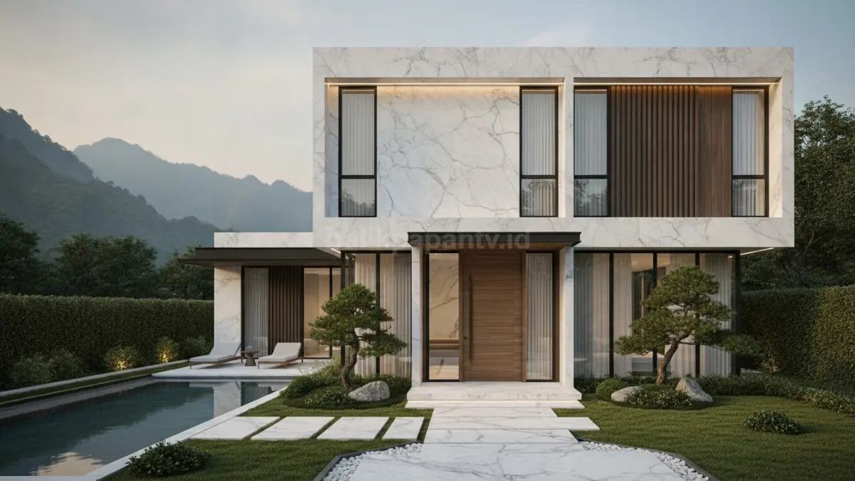 Rumah modern dengan nuansa marmer putih berpadu kayu dan pencahayaan alami menciptakan kesan elegan. (BTV/Ai)