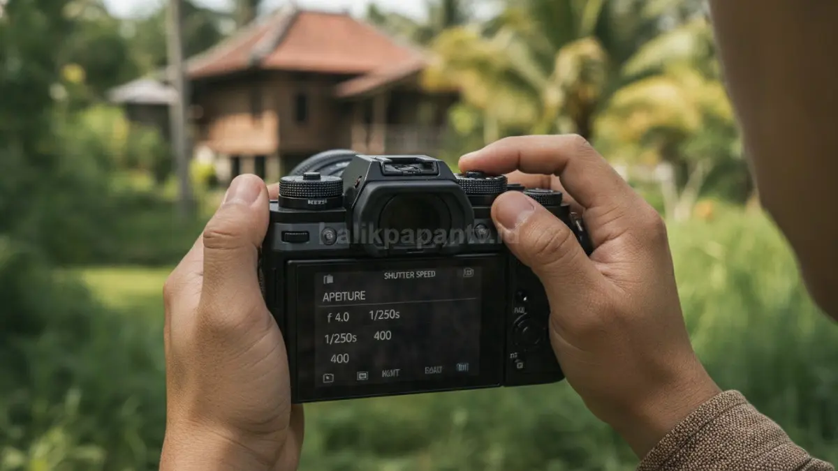 Seorang pemula memegang kamera mirrorless sambil mempelajari pengaturan aperture, shutter speed, dan ISO. (BTV/Ai)