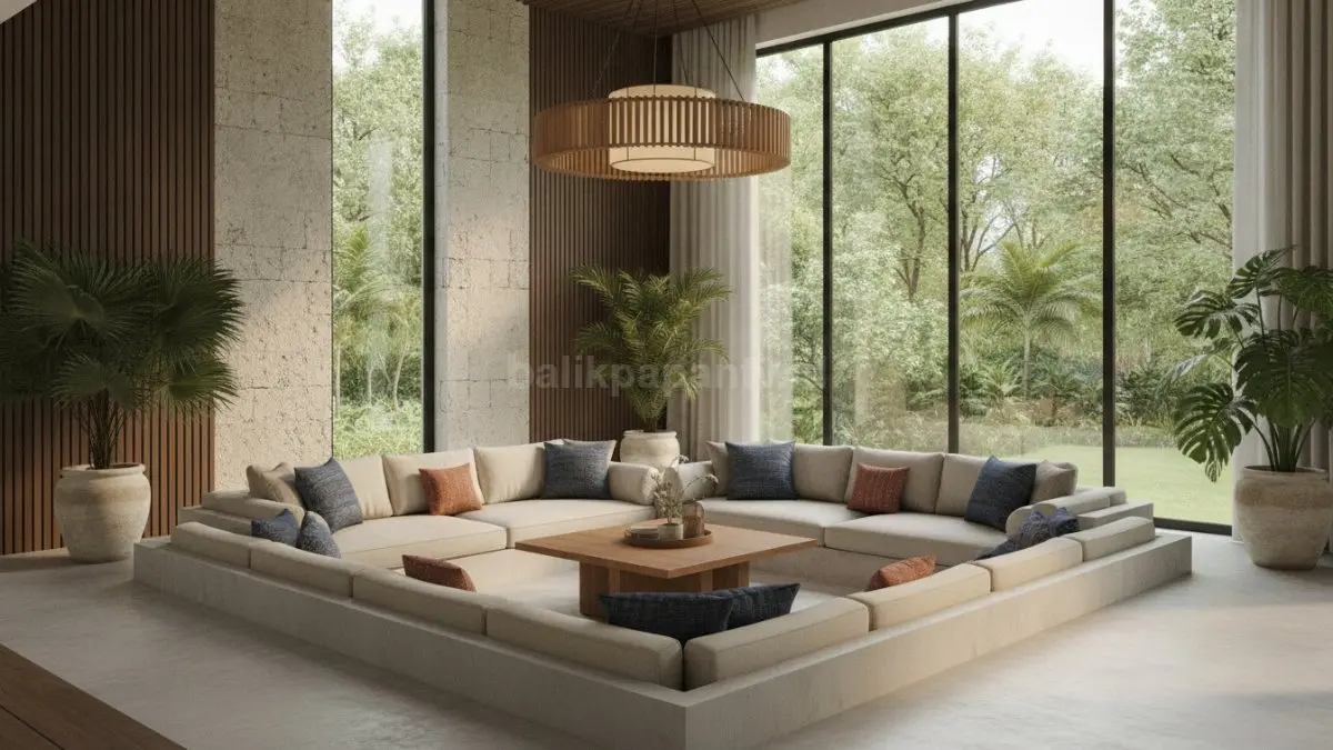 Struktur sunken menurunkan lantai 30–60 cm menciptakan zona duduk terpisah modern minimalis elegan.  (BTV/AI)