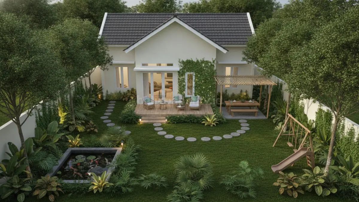 Taman hijau tropis minimalis dengan palem kecil monstera dan rumput gajah mini menyejukkan rumah (BTV/Ai)
