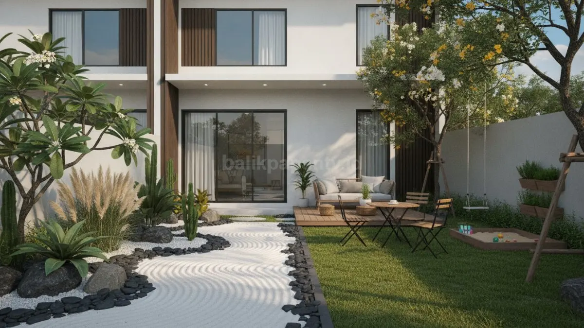 Taman kering modern dengan batu pasir tanaman tahan panas konsep minimalis hemat air elegan estetik (BTV/Ai)
