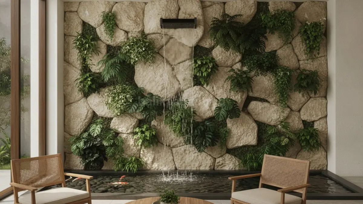 Taman vertical batu alam menghadirkan nuansa natural di ruang terbatas, kombinasi batu dan tanaman memberi kesegaran visual modern.  (BTV/AI)