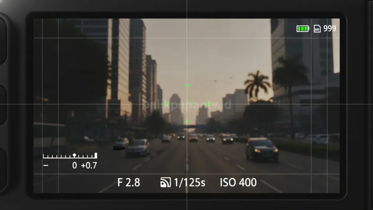 Tampilan layar kamera dengan pengaturan exposure manual yang menunjukkan aperture, shutter speed, dan ISO. (BTV/Ai)