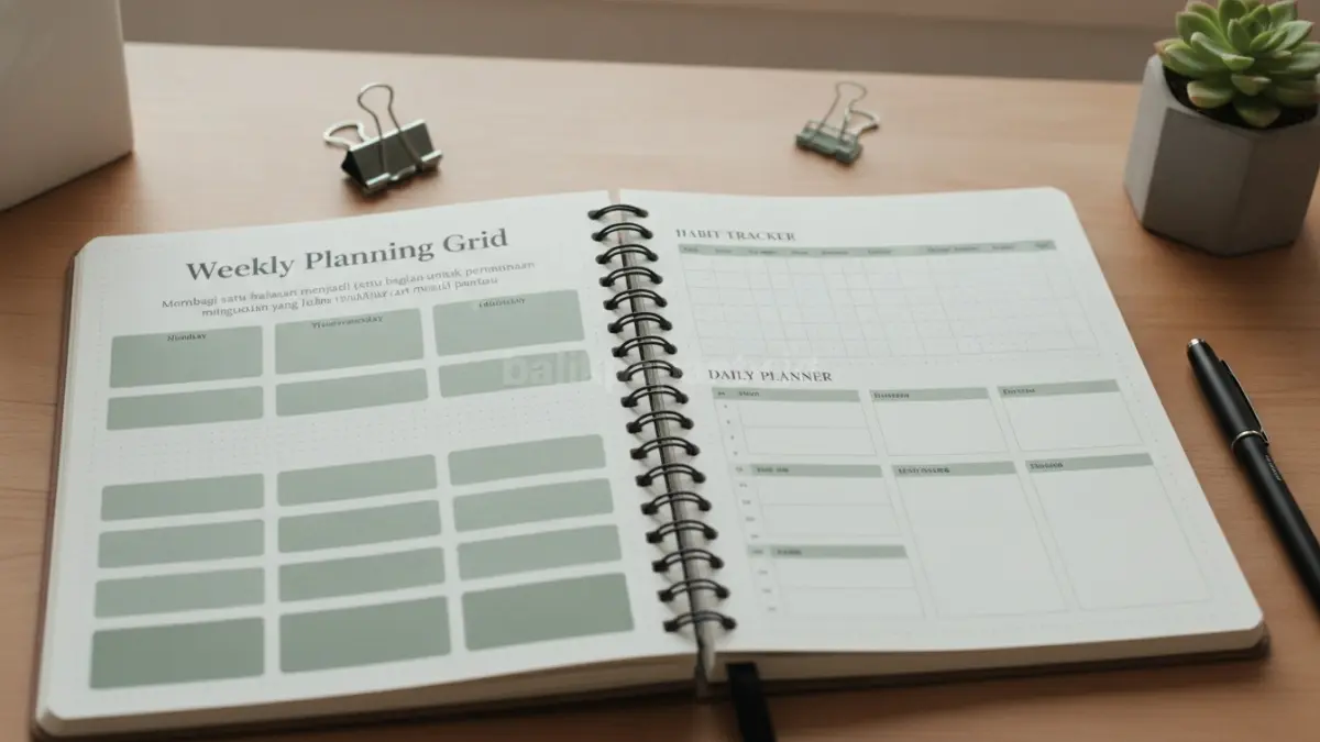 Weekly planning grid dengan tujuh bagian rapi untuk mengatur jadwal mingguan lebih terstruktur efektif (BTV/Ai)
