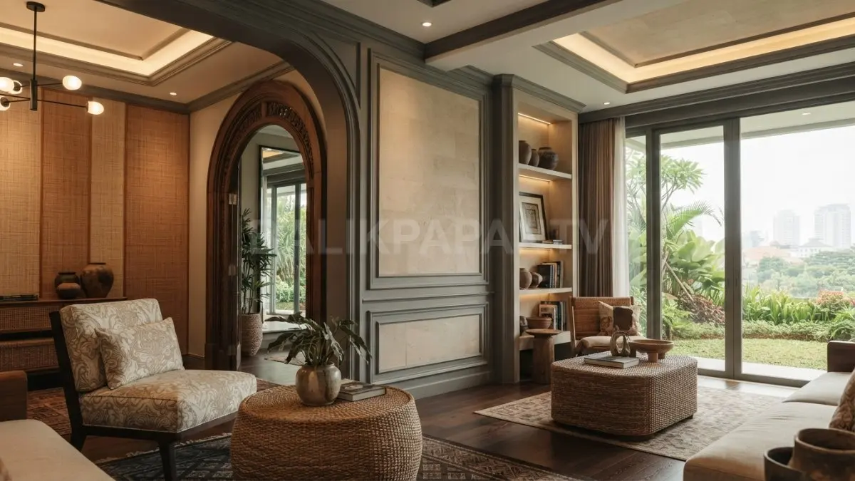 Detail arsitektur dan sentuhan kain memperkuat karakter interior dengan nuansa elegan, hangat, serta bertekstur. (BTV/AI)