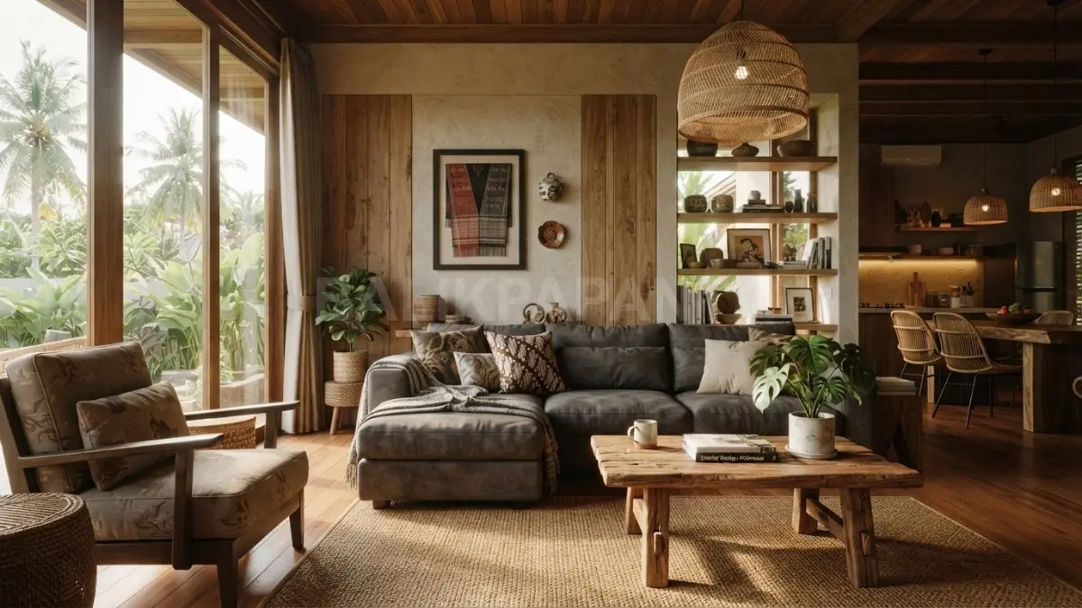 Ilustrasi desain interior modern dengan tekstur alami, karakter kuat, dan suasana hangat yang nyaman. (BTV/AI)