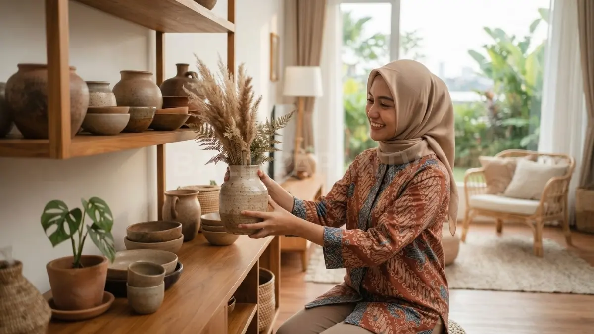 Keramik dan peralatan tanah liat menghadirkan tekstur alami, mempercantik ruangan dengan sentuhan sederhana dan hangat. (BTV/AI)