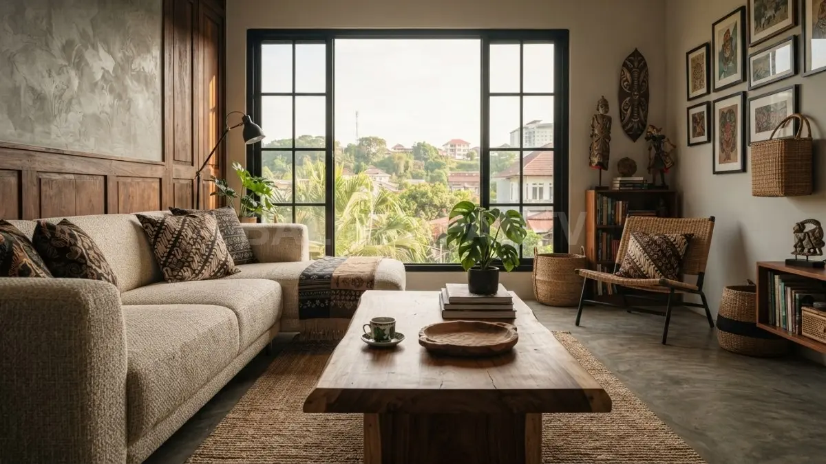 Permainan tekstur dari kain, kayu, logam, dan plester dekoratif menghadirkan interior hangat serta berdimensi. (BTV/AI)