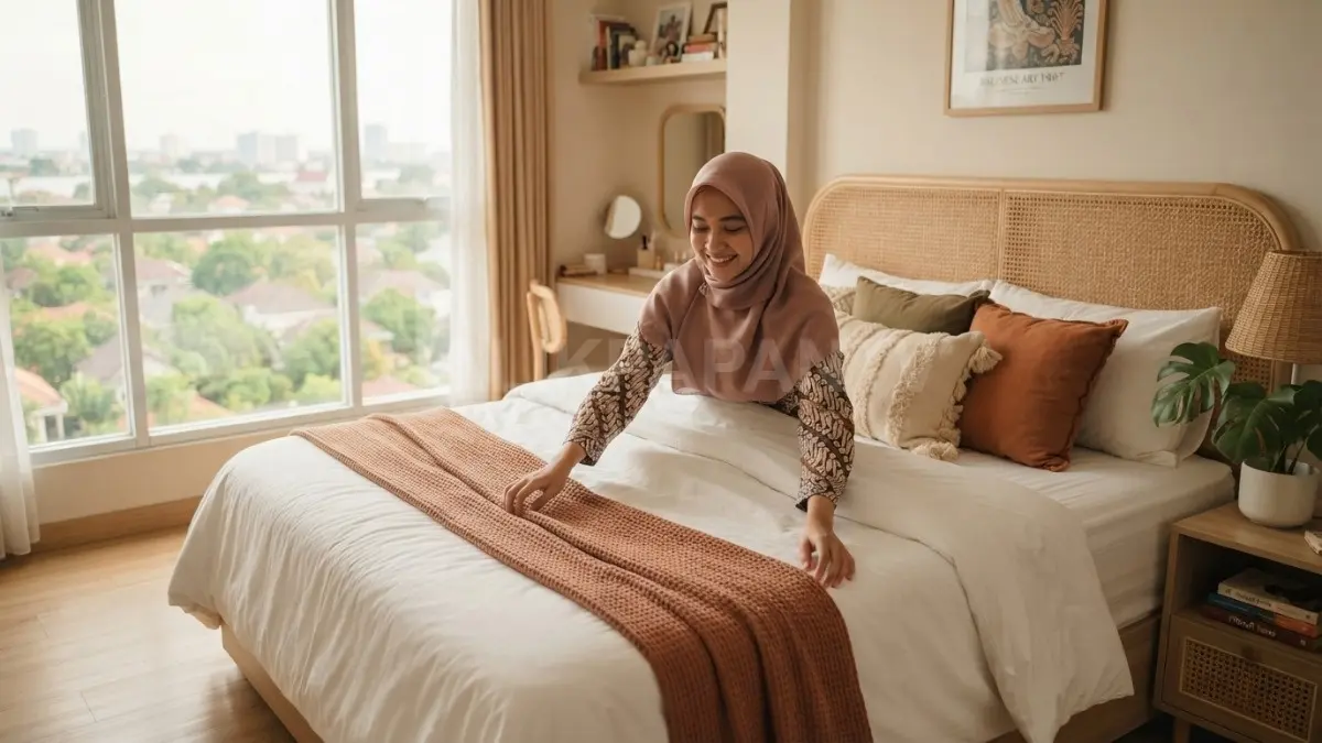 Seprai putih berkualitas menciptakan kamar tidur bersih, luas, nyaman, serta mudah dipadukan dengan dekorasi. (BTV/AI)
