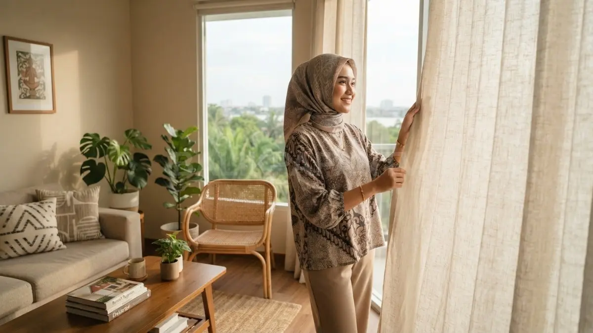 Tirai linen menyaring cahaya alami lembut, menghadirkan suasana hangat, terang, dan elegan pada interior rumah. (BTV/AI)